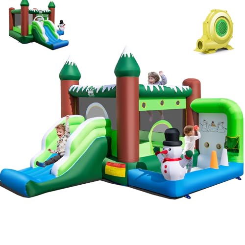 COSTWAY Château Gonflable sur Thème l'hiver avec Toboggan & Souffleur 680W, Maison de Saut Gonflable avec Panier & Lancer d'Anneaux, Intérieur Extérieur, Charge 135kg pour 3 Enfants de 3-10 Ans