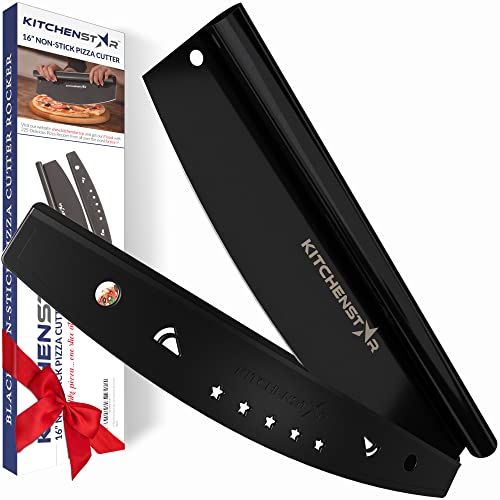 16” Black Non-Stick Pizza Cutter by KitchenStar | Sharp Stainless Steel Slicer Knife – Rocker Style w Blade Cover | Chop and Slices Perfect Portions + Dishwasher Safe – Premium Pizza Oven Accessories