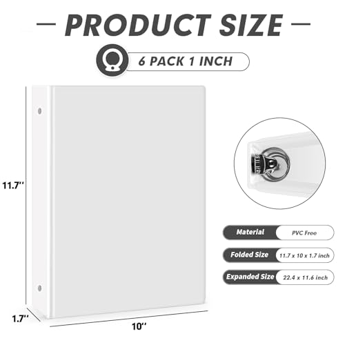 3 Ring Binders, PANDRI 6 Pack 1-Inch Binder Fits Letter Size 8.5'' x 11'' Paper, Versatile Binders for Office Home School, 2 Pockets, White