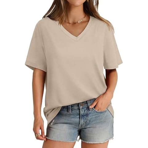 V Neck T Shirts for Women Loose Fit Short Sleeve Casual Summer Tops Apricot XL Cover