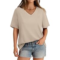 Short Sleeve Shirts for Women V Neck Short Sleeve Tshirts Basic Tee Tops Beige Apricot