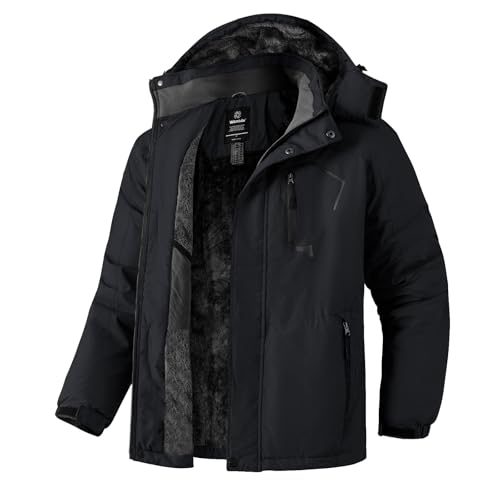Wantdo Chaquetas de Esquí Monta?a Impermeable Parka con Capucha de Nieve Invierno Abrigo para Exteriores Snowboard Chaquetas Cálida Aislada con Vellón para Hombre Negro 3X-Large