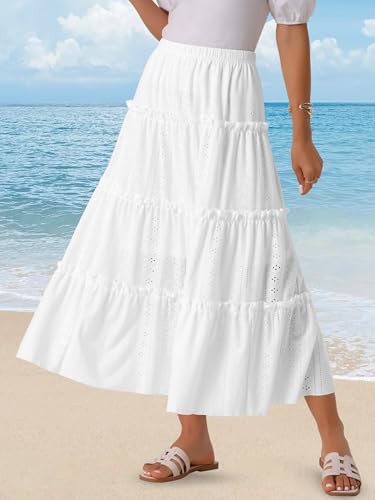 Seta T Women's Maxi Skirts Elastic Waist Tiered A Line Eyelet Skirt Ruffle Boho Long Summer Casual Skirt2