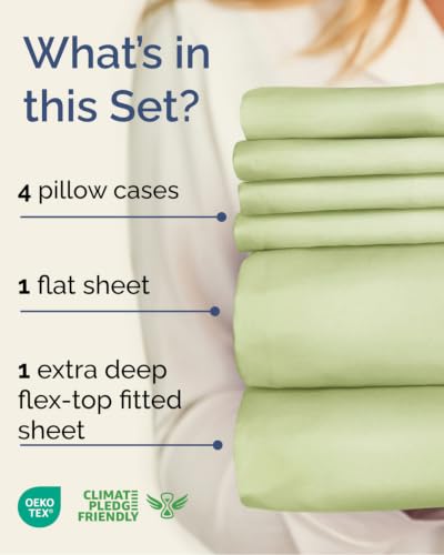 Image of Extra Deep Flex Top Split Head King Sheet Set - 6 Piece Breathable and Cooling Sheets - Hotel Luxury Bedding for Women, Men, Kids & Teens - Easy Secure Fit - Extra Deep Pockets - Light Sage Green