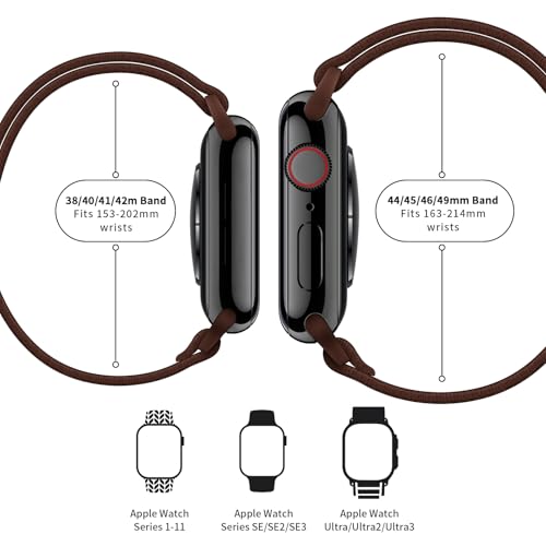 Image of AMANECER Stretchy Nylon Bands Compatible with Apple Watch Ultra 3 /2 /1 SE Series 11 /10 /9 /8 /7 /6 /5 /4, Adjustable Braided Elastic Sport Loop Rugged Strap for iWatch Women Men (Coffee Brown, 44 /45 /46 /49MM)