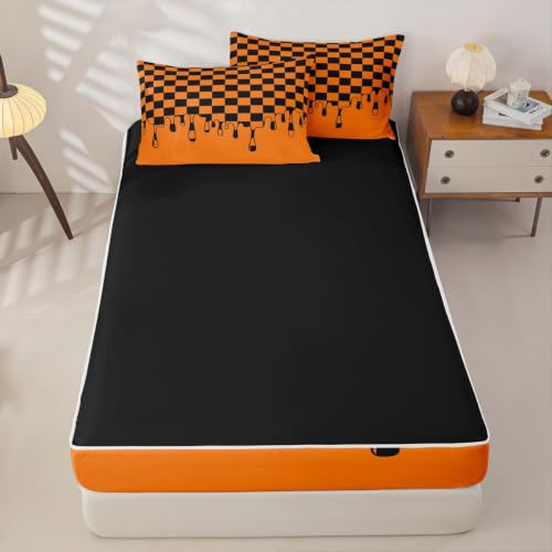 Image of Black and Orange Checkered Zipper Bedding Full Size Checkerboard Drip Gingham Grid Zip Up Bedding Set for Teens Adults, Y2K Modern Geometric Plaid Bed in a Bag Halloween Comforter with Fitted Sheet