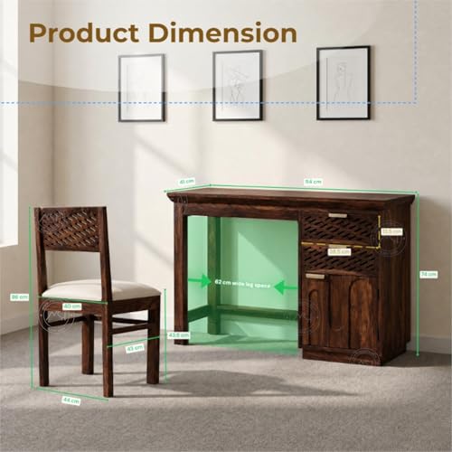 Image of NSH Solid Sheesham Wood Study Table with Chair | Wooden Writing Desk with Drawer & Door Storage | Pre-Assembled Computer Desk Workstation for Home Office & Study Room | Walnut Finish