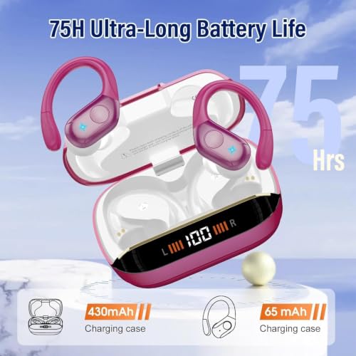 Image of Qecnato Wireless Earbuds Bluetooth 5.4 Headphones 75H Stereo Deep Bass Sports Over Ear Buds with Earhooks, LED Display Bluetooth Earbuds with 4 ENC Mic, IP7 Waterproof Earphone for Running, Rose Gold