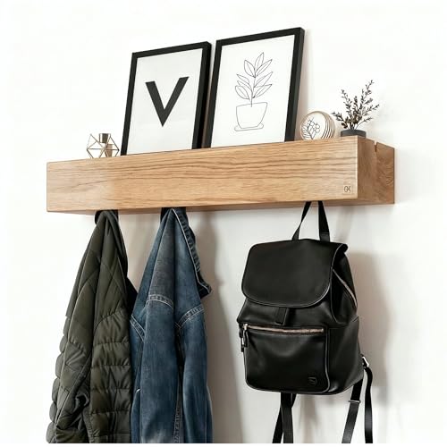 GK KRAUTLING - Design Wandgarderobe aus Holz Versteckte Haken & Ablage Minimalistisches Regal aus Eiche für Flur Wohnzimmer oder Büro (modern 5 Haken)