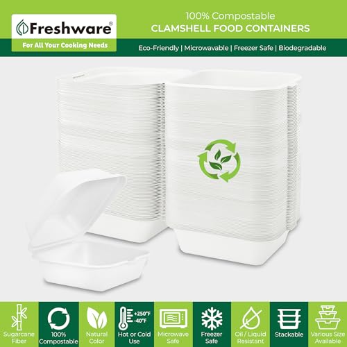 Image of Freshware Clamshell Food Containers with Lids [6x6 500-Pack] Disposable To Go Containers, Biodegradable Sugarcane To Go Boxes - Paper Container - Microwave & Freezer Safe, Stackable