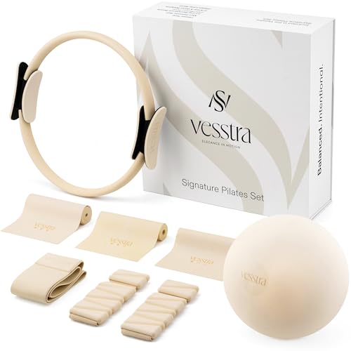 Vesstra Signature Pilates Set - Complete Pilates Kit with Ring, Ball, Wrist and Ankle Weights & Resistance Bands for Home or Studio Workouts