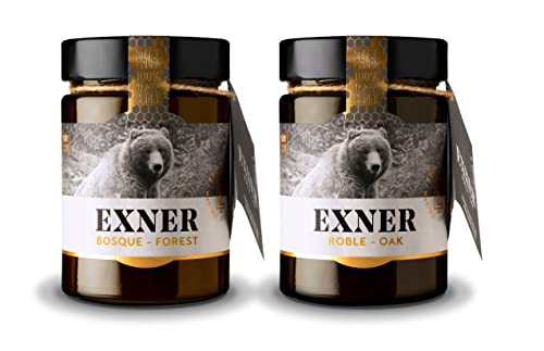 EXNER Miel Cruda 100% Raw Honey Artesana - 2 variedades ROBLE (450 gr) y BOSQUE (450 gr) - Naturaleza y Montaña, Pura, Sin filtrar, Sin pasteurizar, Sin gluten