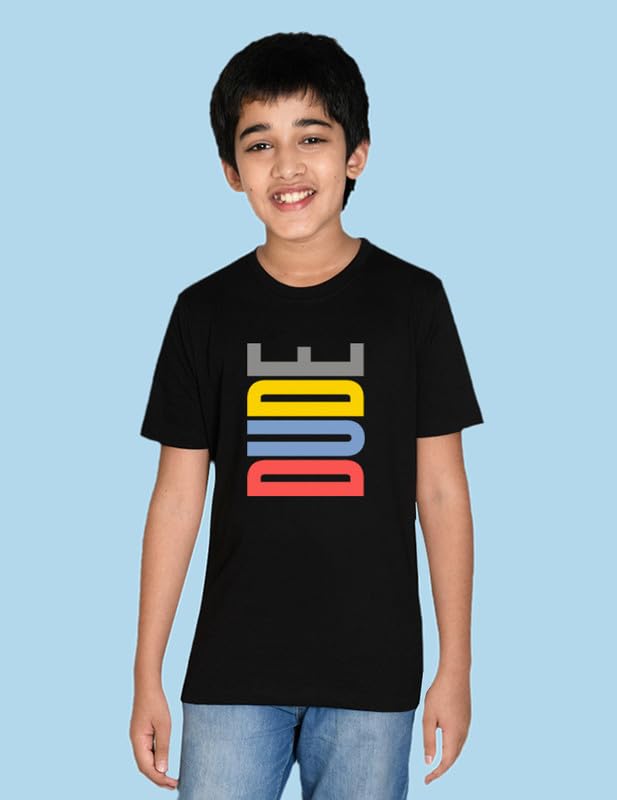 Image of Nusyl Boys Dude Text Printed Half Sleeve Regular Fit Tshirt, Cotton Blend Round Neck T-Shirt,