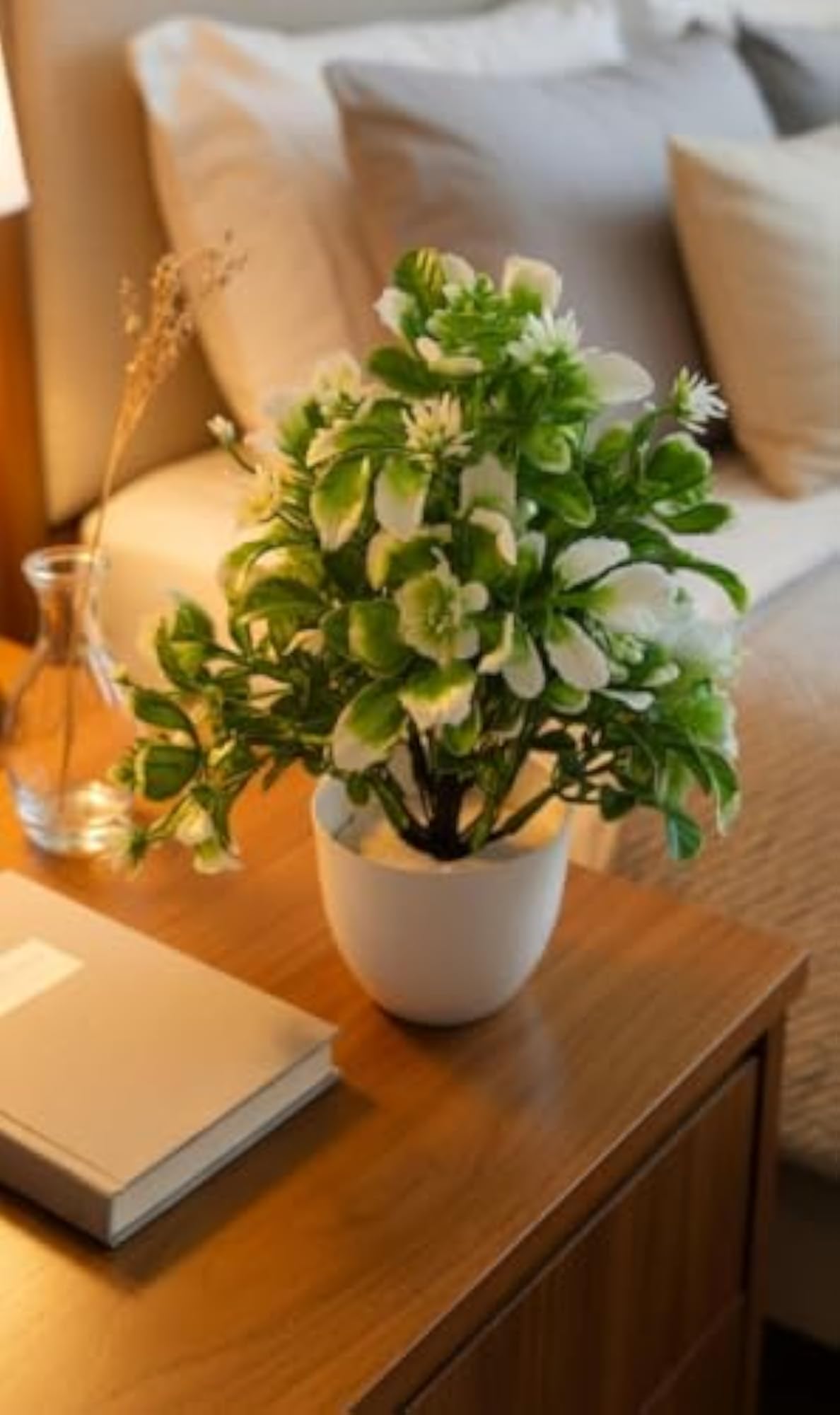 Artificial Green and White Leafy Plant with Pot for Home Decor