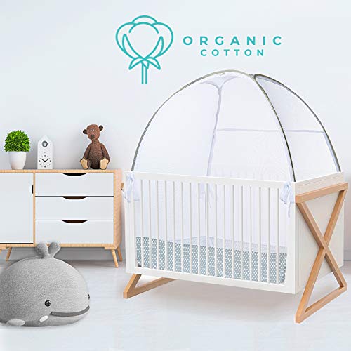 Green Frog Baby Safety Pop Up Crib Tent Infant - 100% Organic Cotton, See Through Mosquito Net and Nursery Canopy Netting Cover Keep Baby from Climbing Out - Toddler Crib Accessories