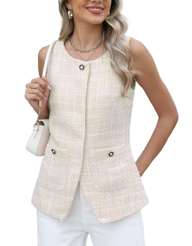 Kedera Women's Tweed Blazer Vest Sleeveless Button Down Slim Fit Vest Casual Blazer Jackets Work Office Vest