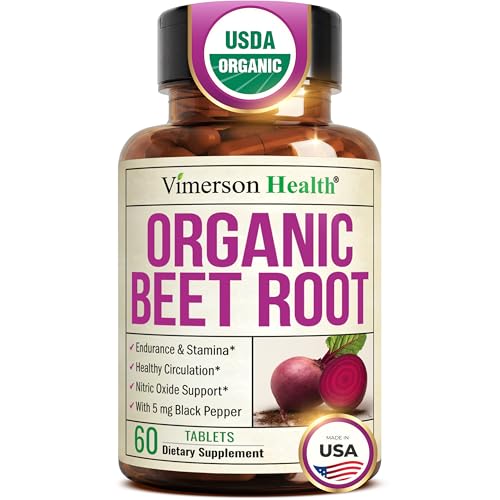 Organic Beetroot Supplement USDA Organic Beet Root Tablets with Black Pepper for Circulation Energy & Stamina Nitric Oxide Support for Pre & Post Workout Performance & Endurance 60 days supply
