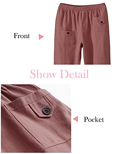Minibee Women's Elastic Waist Casual Crop Linen Pull On Pants Wine 2XL - Thumbnail 4