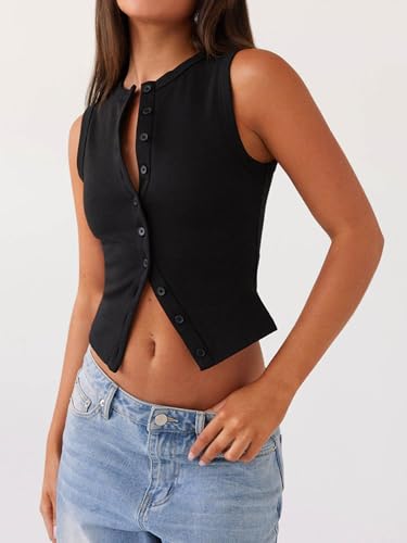 Springcmy Womens Button Down Tank Top Sleeveless Ribbed Fitted Vest Casual Trendy Y2K Going Out Crop Knit Vest Top Streetwear3