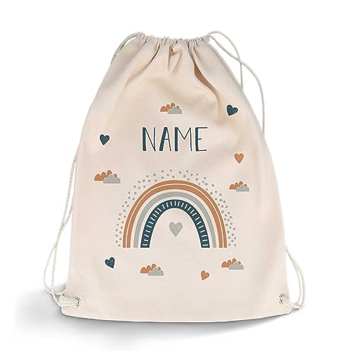 GRAVURZEILE Bedruckter Turnbeutel - Regenbogen Design - personalisiert mit Name - Sportbeutel Rucksack Daypack Gymbag mit Kordelzug - für Sport & Freizeitaktivitäten - 12 Liter 33x45 cm Farbe Blau