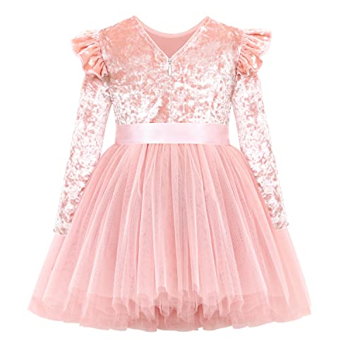 Flofallzique Toddler Girls Velvet Dress Long Sleeve Tulle Tutu Birthday Tea Party Princess Dresses 1-10Y2
