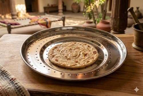 Image of Stainless Steel Chapati Basket & Bhakhri Dish, Heavy Duty Roti Serving Plate for Chapati, Bhakri, Khakhra, Naan, Paratha Puri, Rust-Resistant Indian Bread Serving Tray for Home, Kitchen & Dining Table