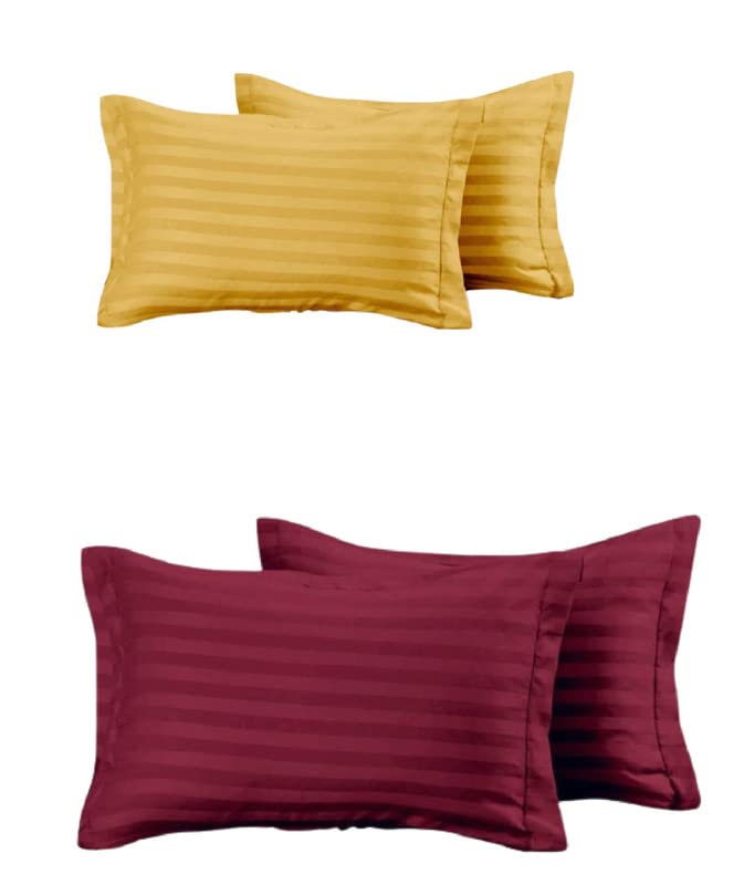 Image of 210 TC 100% Cotton Pillow Covers Set of 4 | Ultra Soft Satin Striped Pillow Case | 18 x 27 Inches, Yellow & Maroon