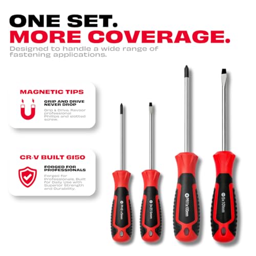 Image of JPT Screwdriver Set 4 PCS Cr-V Steel with Magnetized Tip - 2 Flat (75mm & 100mm) + PH1 & PH2 Phillips | Heavy Duty Hand Screwdriver Set for Electrical, Repair & Home Use