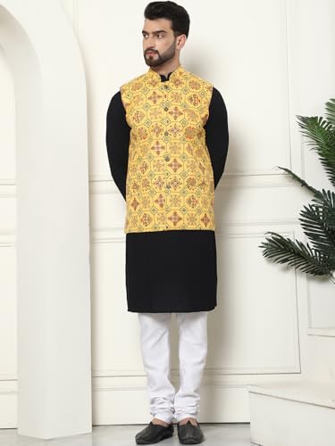 Image of SOJANYA (Since 1958 Men's Cotton Linen Maroon Kurta and White Pyjama with Mustard Cotton Nehru Jacket