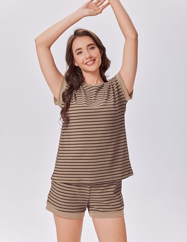 Image of Ekouaer Two Piece Sets for Women Summer Striped Lounge Set Vacation Outfit | Casual Cute Waffle Knit Tops Shorts Sets with Pocket for Travel, Jogging, Cruise, Beach, Airport
