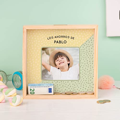 Wanapix | Hucha de Madera Personalizada | Hucha Personalizable con Foto y Texto| Madera de Chopo y Metacrilato Transparente | Regalo Boda, Bautizo, Cumpleaños | 100% Personalizada