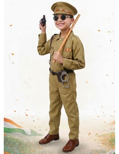 Image of BookMyCostume 10-Pcs Most Comprehensive Set of Kids Police Commissioner Dress - Police Uniform with Gun, Holder, Belt, Toy Handcuffs, Stick, and Black Goggles - Fancy Dress Competition | 4-5 Years