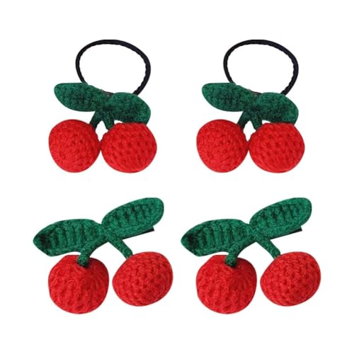 Zhangyihot 4 Pcs Red And Green Sweet Cherry Hair Clips And Hair Ties Handmade Crochet Fruit Hairpins Hair Barrettes Cute Christmas Hair Accessories For Women Girls It'S A Good Gifts Clips And Barrettes cover