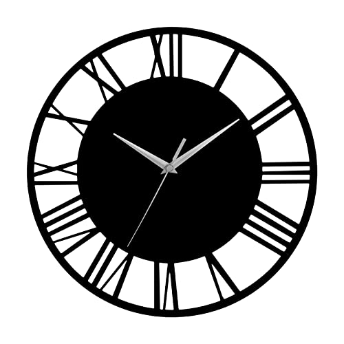 Warmiehomy 30cm Rund Wanduhr Vintage Römischen Ziffern Silent Nicht Tickende Hängeuhr für Haus, Wohnzimmer, Küche, Schlafzimmer Restaurant Cafe Dekoration, Schwarz, Silberner Zeiger Cover
