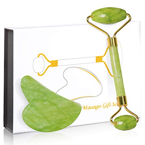 Jade Roller for Face, Natural Jade Stone Face Roller with Gua Sha Set, Face Massager for Eyes, Neck, Body Muscle