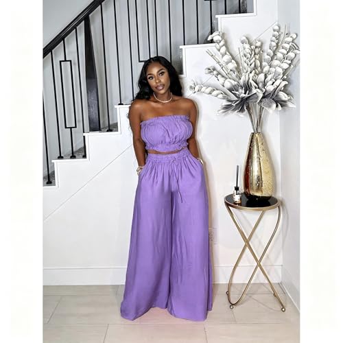 Image of Two Piece Sets for Women Summer Outfits Crop Tops and Wide Leg Pants Sets Sexy Jumpsuits Vacation Outfits with Pockets
