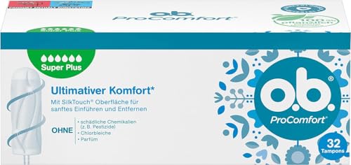 o.b. ProComfort Super Plus Tampons 32 Stk., mit SilkTouch Oberfläche und Dynamic Fit Technologie, besonders sanftes Einführen und Entfernen, 100 Prozent pflanzlich basierter Tamponkern