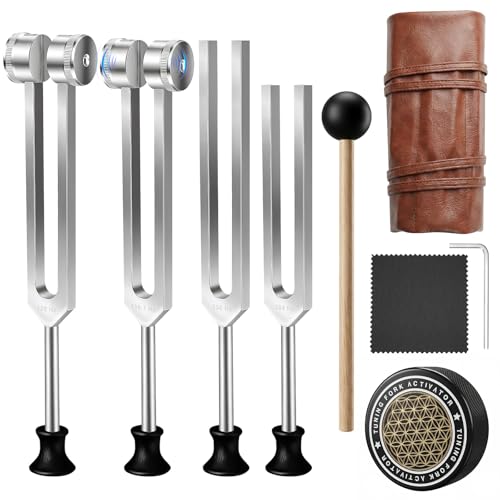 Tuning Forks for Healing Set 4 Pack 128Hz 136Hz 256Hz 384Hz Chakra Sound Therapy for Women and Men Sound Frequency Healing Instruments for Yoga Meditation Relaxation