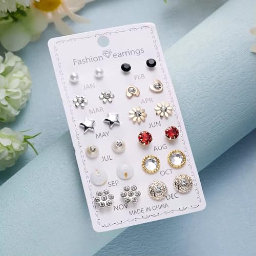 Image of 12 Pairs Trendy Stud Earrings Set with Crystal and Pearl, Heart, Flower, Star and Geometric Styles
