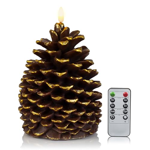 Grandes bougies LED de Noël pomme de pin en cire véritable avec minuteur, marron