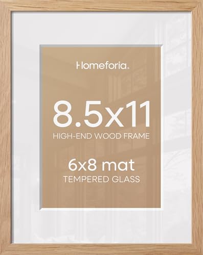 Image of Homeforia 8.5 by 11 Picture Frame Wood, High End Natural Oak 8.5x11 Light Wooden Frames with Mat 6x8 inch Photo, 8.5 x 11 Wall or Tabletop Frame Matted to 6 x 8 Art, Tempered Glass, Wall Kit, Set of 2