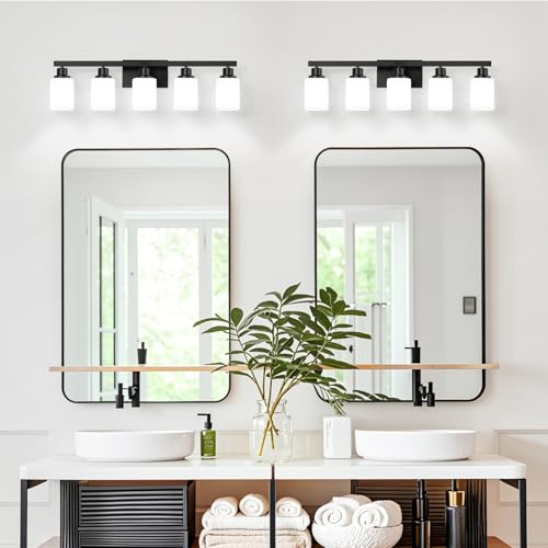 Image of 5-Light Bathroom Vanity Light, Modern Matte Black Bathroom Light Fixtures with Square Frosted Glass, Wall Sconces fixtures Over Mirror Restroom,Living Room Hallway E26