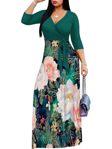 Image of SUZONANA Plus Size Dresses for Women Floral Print Maxi Dress Flowy 3 /4 Sleeve with Belt