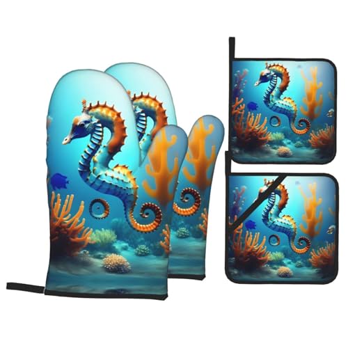 Juego de guantes y alfombrillas aislantes del calor con estampado de caballito de mar de fondo marino, juego de 4 piezas, resistente a altas temperaturas, horno, parrilla, guantes para hornear y