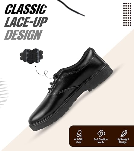 Image of GAITO Premium Black School Shoes for Boys | Synthetic Leather Upper with Durable PVC Sole & Soft EVA Insole | Comfortable, Lightweight, Non-Slip Lace-Up Uniform Shoes for Daily School Wear