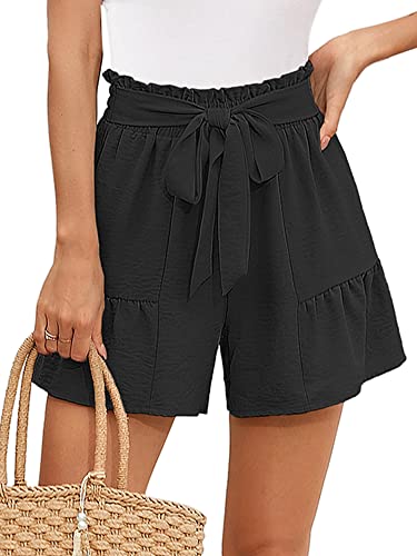 Heymoments Women's Wide Leg Shorts Lightweight Black Medium High Waisted Adjustable Tie Knot Loose Summer Cute Trousers