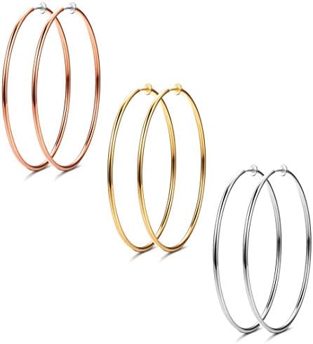 3 Pairs Stainless Big Hoop Earrings Set Clip On Hoop Earrings For Women Large Non Pierced Earring Jewelry 40/50/60mm