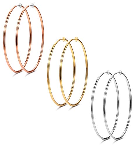 Udalyn 3 Pairs Women Big Stainless Hoop Earrings Set Clip On Hoop Earrings For Women Large Non Pierced Earring Jewelry 60mm