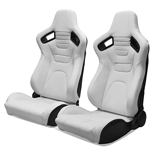IKON MOTORSPORTS, Universal Racing Seats Pair with Dual Sliders, PU & Carbon Leather White Reclinable Left Right