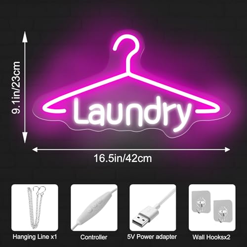 Image of Laundry Neon Sign Laundromat Led Neon Sign Washing Machine LED Light | USB Powered Neon Sign For Laundry Room Laundry Wall Art Laundry Room Decors 16.5 inchx9.1 inch, Pink+White